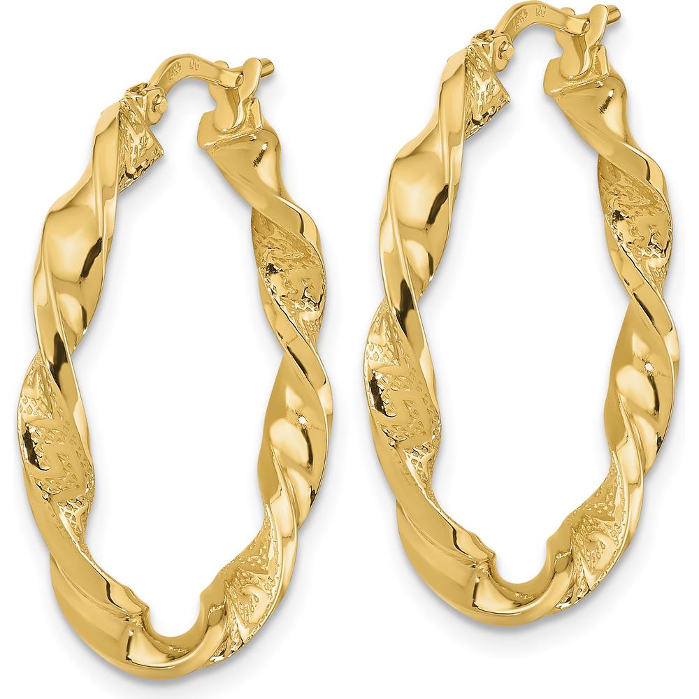 14K Yellow Gold Polished and Textured Twisted Hoop Earrings - 27.88mm Width by 0