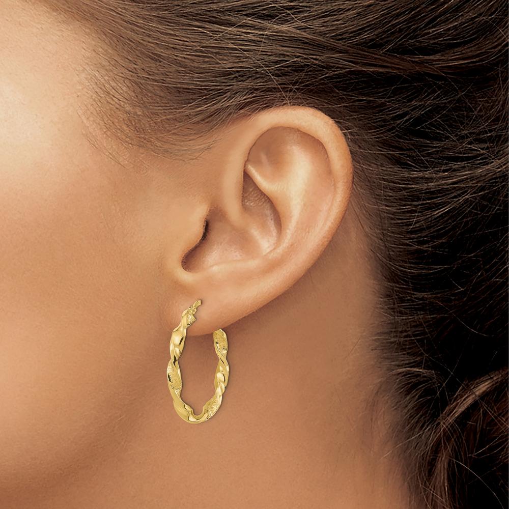 14K Yellow Gold Polished and Textured Twisted Hoop Earrings - 27.88mm Width by 0