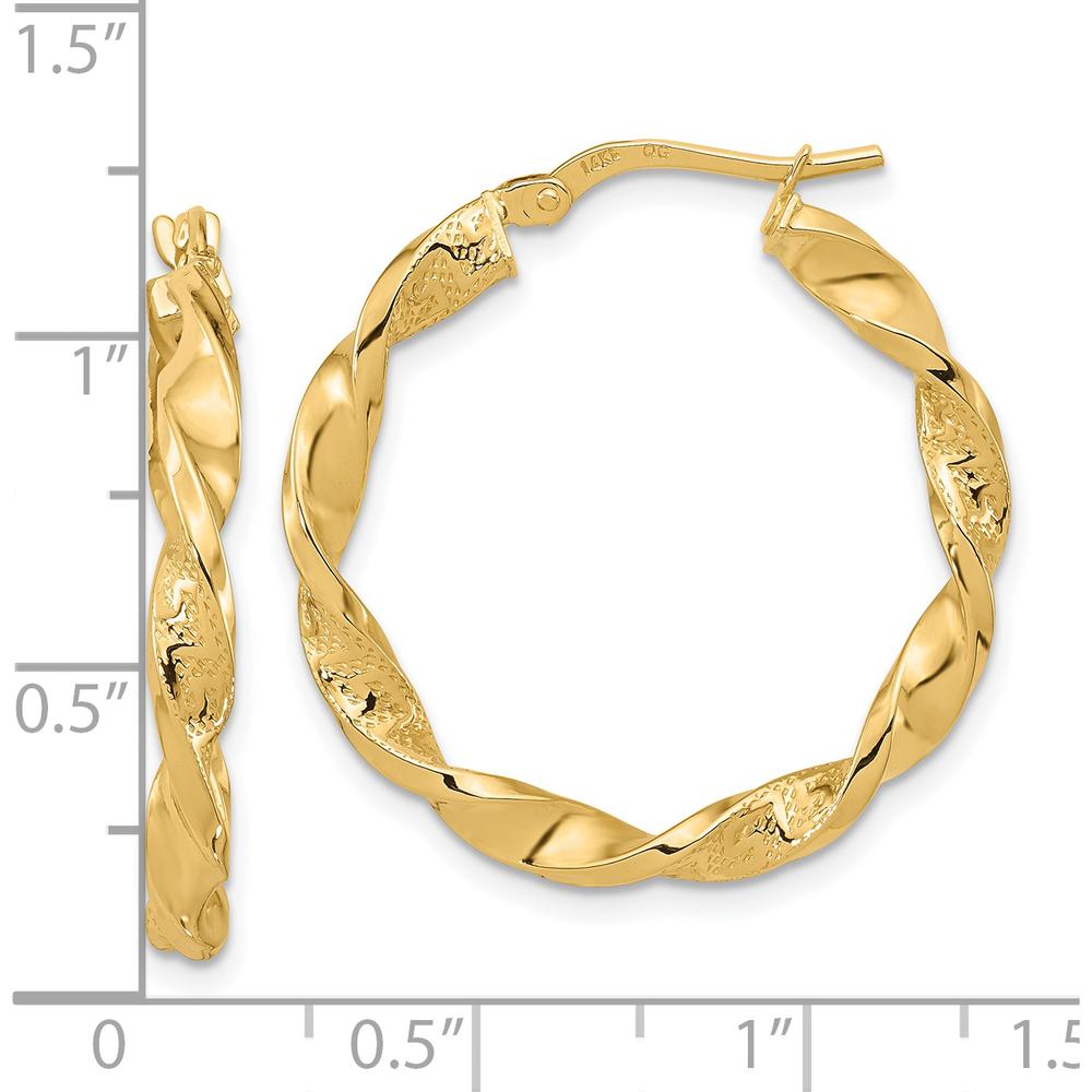 14K Yellow Gold Polished and Textured Twisted Hoop Earrings - 27.88mm Width by 0