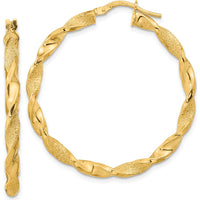 14K Yellow Gold Polished and Textured Twisted Hoop Earrings - 37.75mm Length by 0