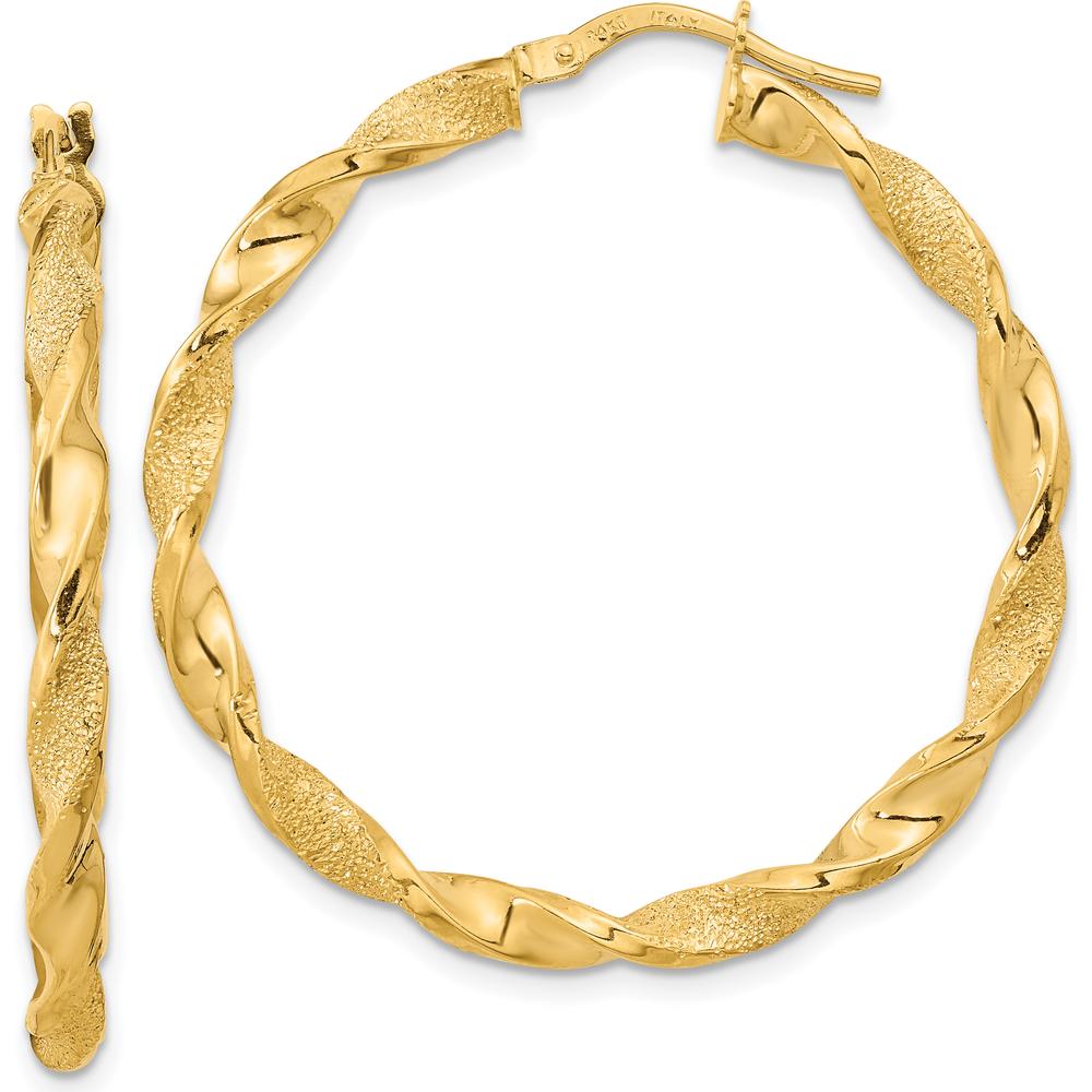 14K Yellow Gold Polished and Textured Twisted Hoop Earrings - 37.75mm Length by 0