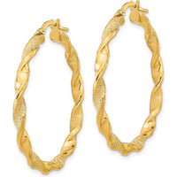 14K Yellow Gold Polished and Textured Twisted Hoop Earrings - 37.75mm Length by 0