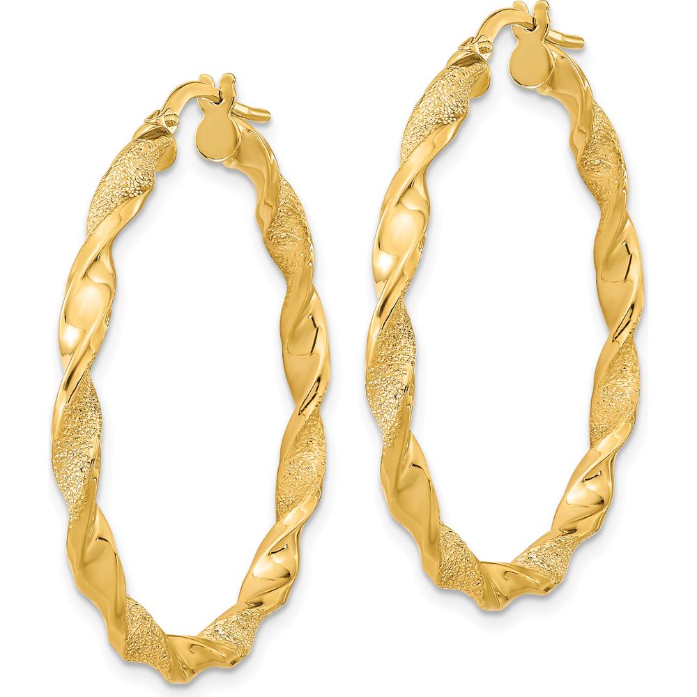 14K Yellow Gold Polished and Textured Twisted Hoop Earrings - 37.75mm Length by 0