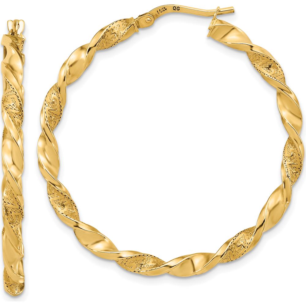 14K Yellow Gold Polished and Textured Twisted Hoop Earrings - 39.7mm by 0