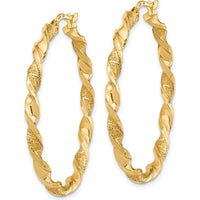 14K Yellow Gold Polished and Textured Twisted Hoop Earrings - 39.7mm by 0