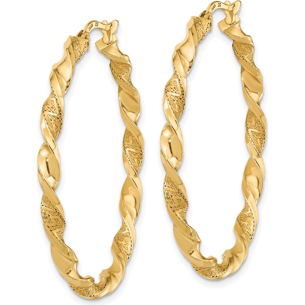 14K Yellow Gold Polished and Textured Twisted Hoop Earrings - 39.7mm by 0