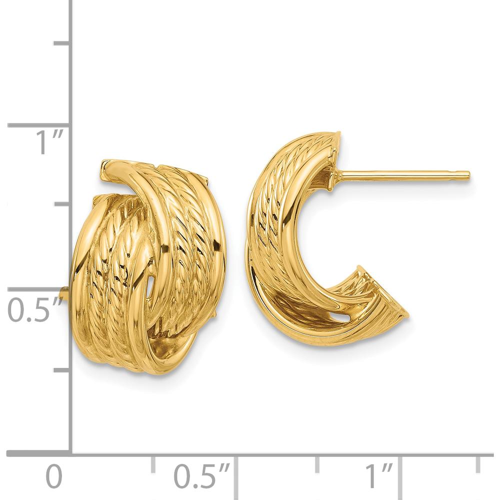 14K Yellow Gold Polished and Textured Twisted J-Hoop Earrings by 0