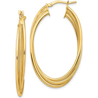 14K Yellow Gold Polished and Textured Twisted Oval Hoop Earrings - Lightweight Design by 0