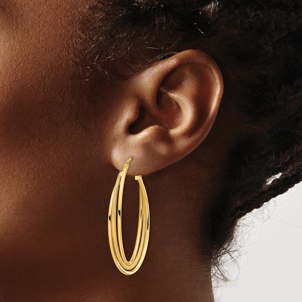 14K Yellow Gold Polished and Textured Twisted Oval Hoop Earrings - Lightweight Design by 0