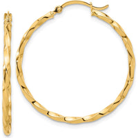 14K Yellow Gold Polished and Twisted 1.8mm Hoop Earrings - 33.5mm Length by 0