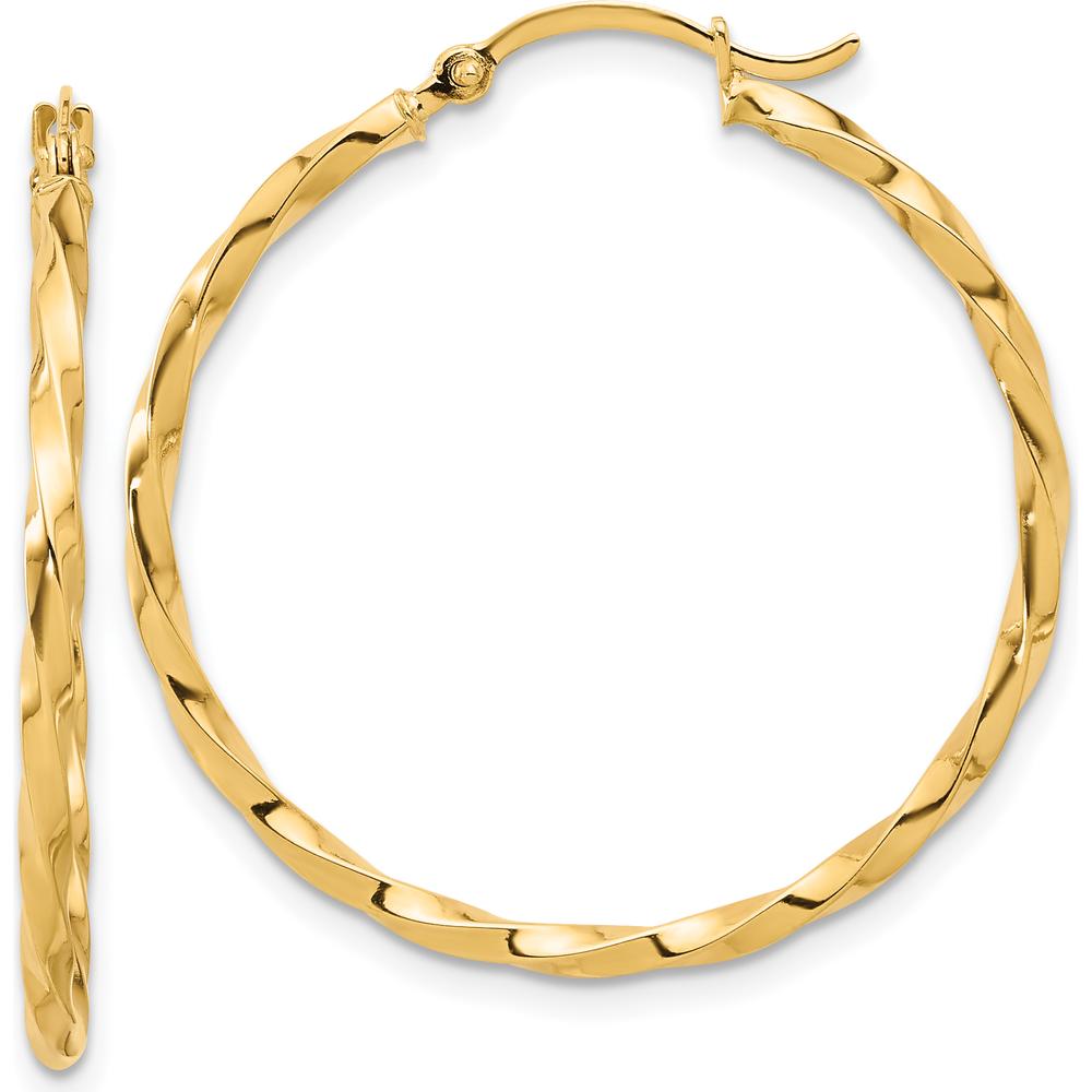 14K Yellow Gold Polished and Twisted 1.8mm Hoop Earrings - 33.5mm Length by 0