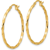 14K Yellow Gold Polished and Twisted 1.8mm Hoop Earrings - 33.5mm Length by 0