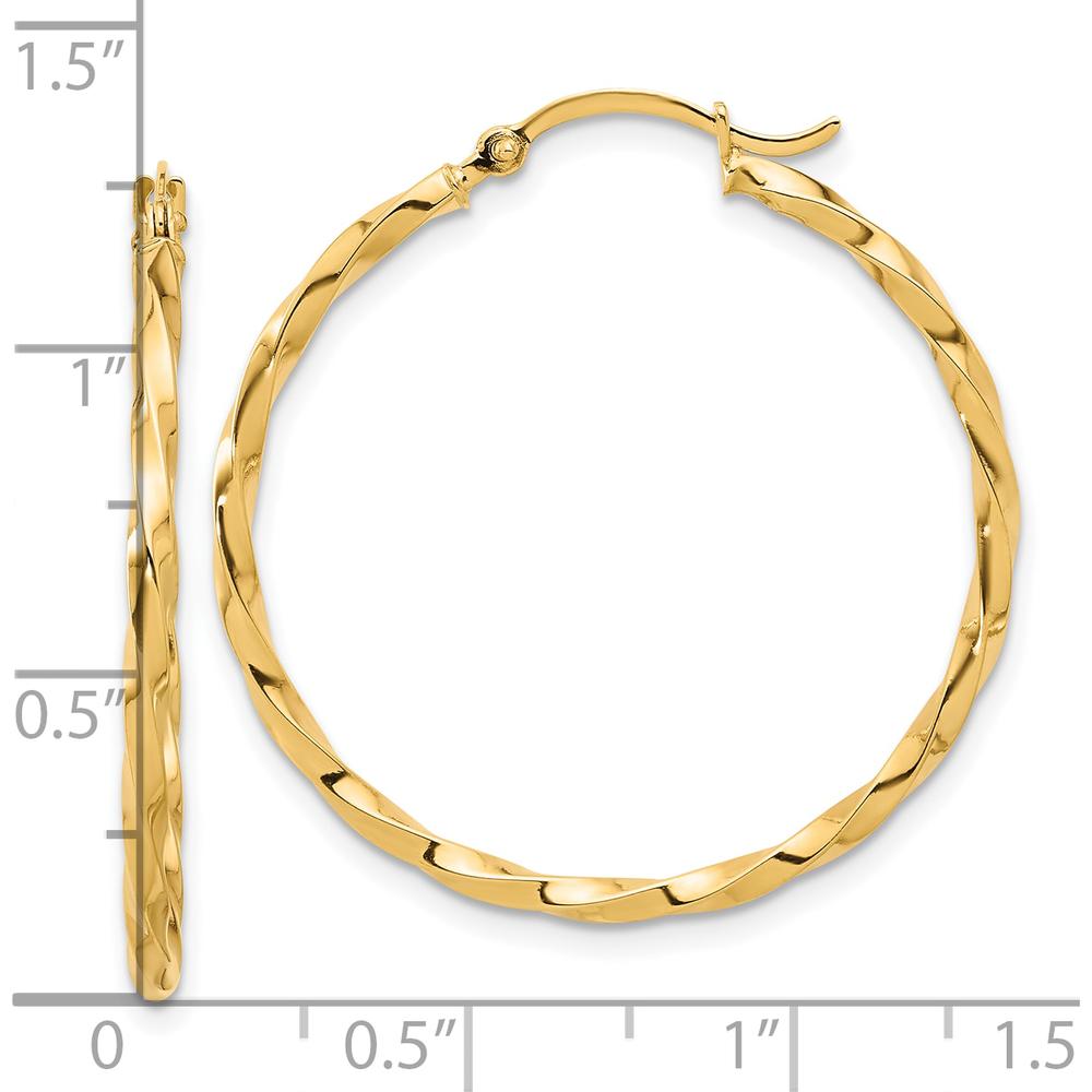 14K Yellow Gold Polished and Twisted 1.8mm Hoop Earrings - 33.5mm Length by 0