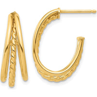 14K Yellow Gold Polished and Twisted J-Hoop Earrings - 21.6mm Length by 0