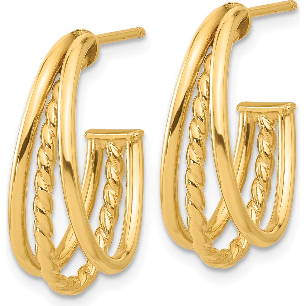 14K Yellow Gold Polished and Twisted J-Hoop Earrings - 21.6mm Length by 0
