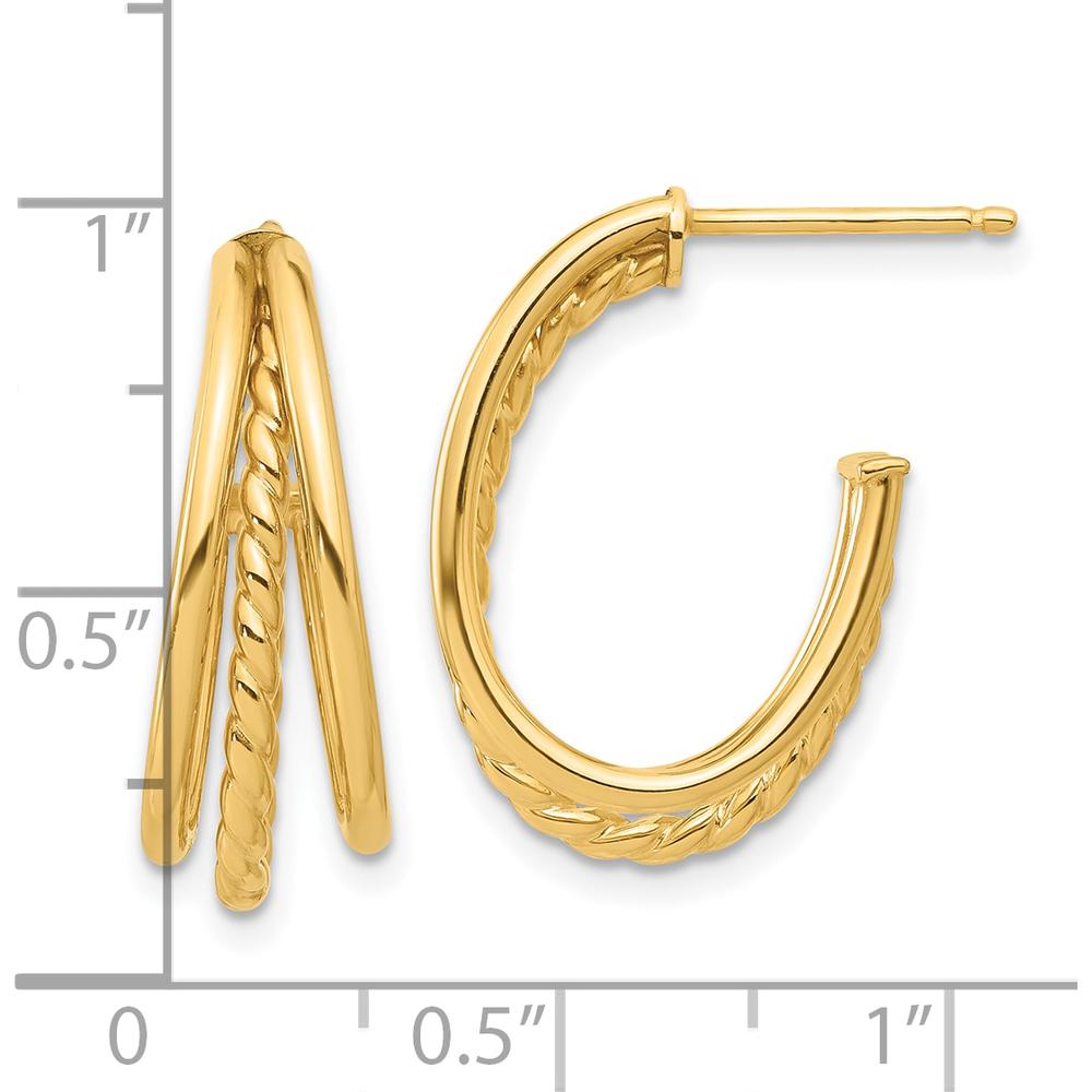 14K Yellow Gold Polished and Twisted J-Hoop Earrings - 21.6mm Length by 0