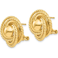 14K Yellow Gold Polished & Twisted Omega Back Button Earrings with Diamond-Cut Texture by Oro Pregiato