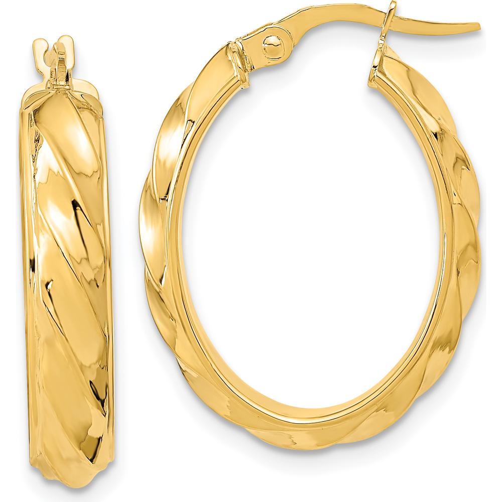 14K Yellow Gold Polished and Twisted Oval Hoop Earrings - 25.4mm Length by 0