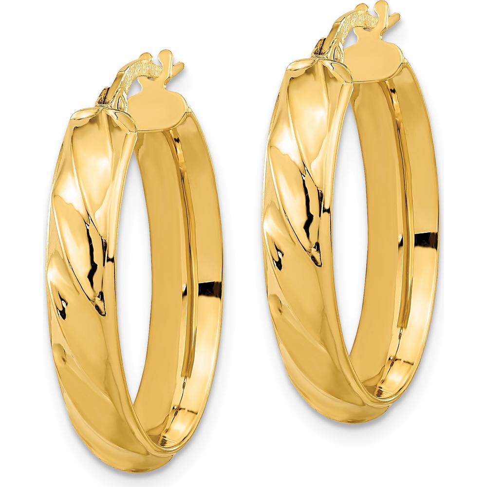 14K Yellow Gold Polished and Twisted Oval Hoop Earrings - 25.4mm Length by 0