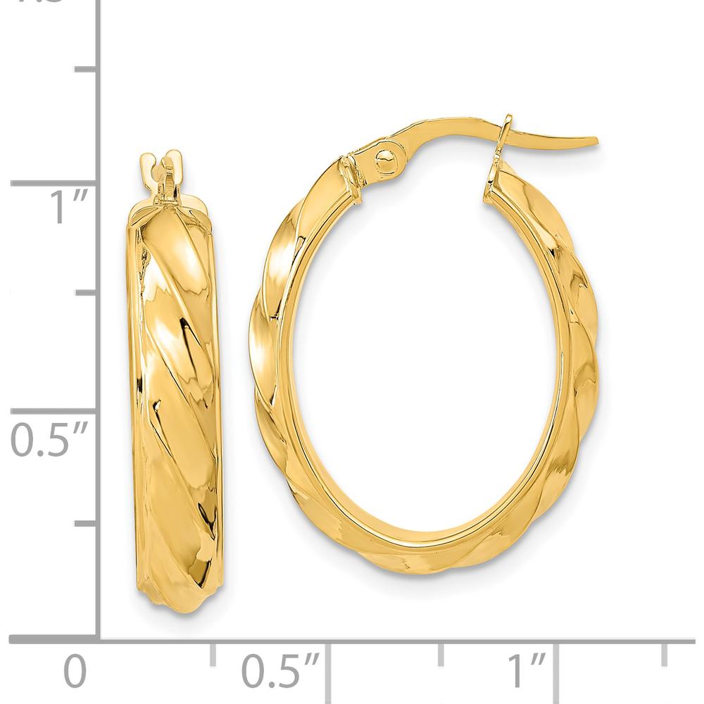 14K Yellow Gold Polished and Twisted Oval Hoop Earrings - 25.4mm Length by 0