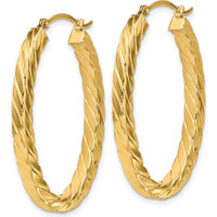 14K Yellow Gold Polished & Twisted Oval Hoop Earrings - 37.54mm Length by 0