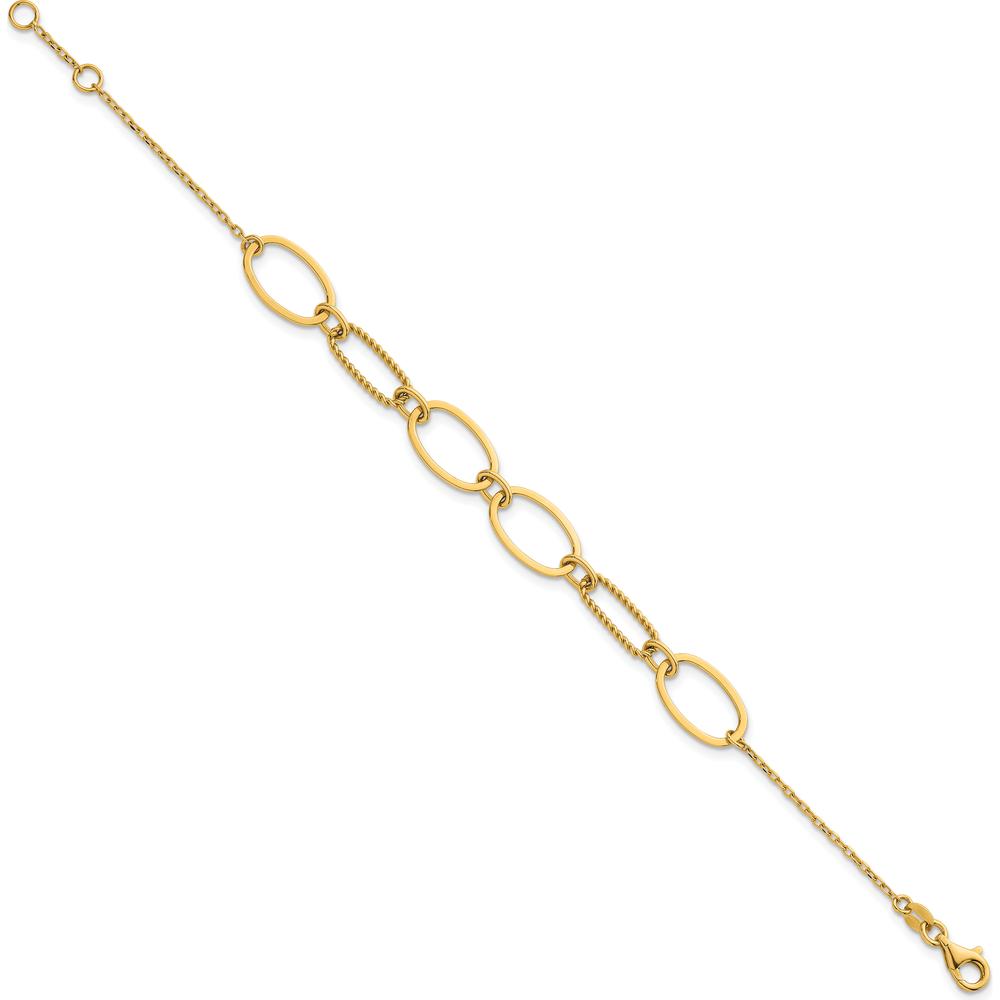 14K Yellow Gold Polished and Twisted Oval Link Bracelet with Lobster Clasp - 6.75" Plus 0.5" Extender by 0