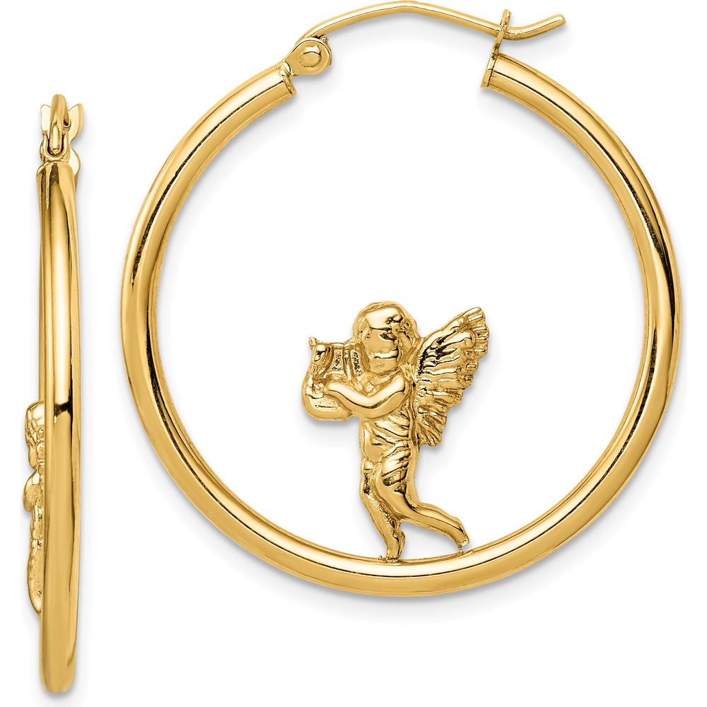 14K Yellow Gold Polished Angel Motif Hoop Earrings - 30mm Diameter by 0