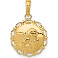 14K Yellow Gold Polished Angel on Round Scallop Frame Pendant - 23.75mm Length by Oro Pregiato