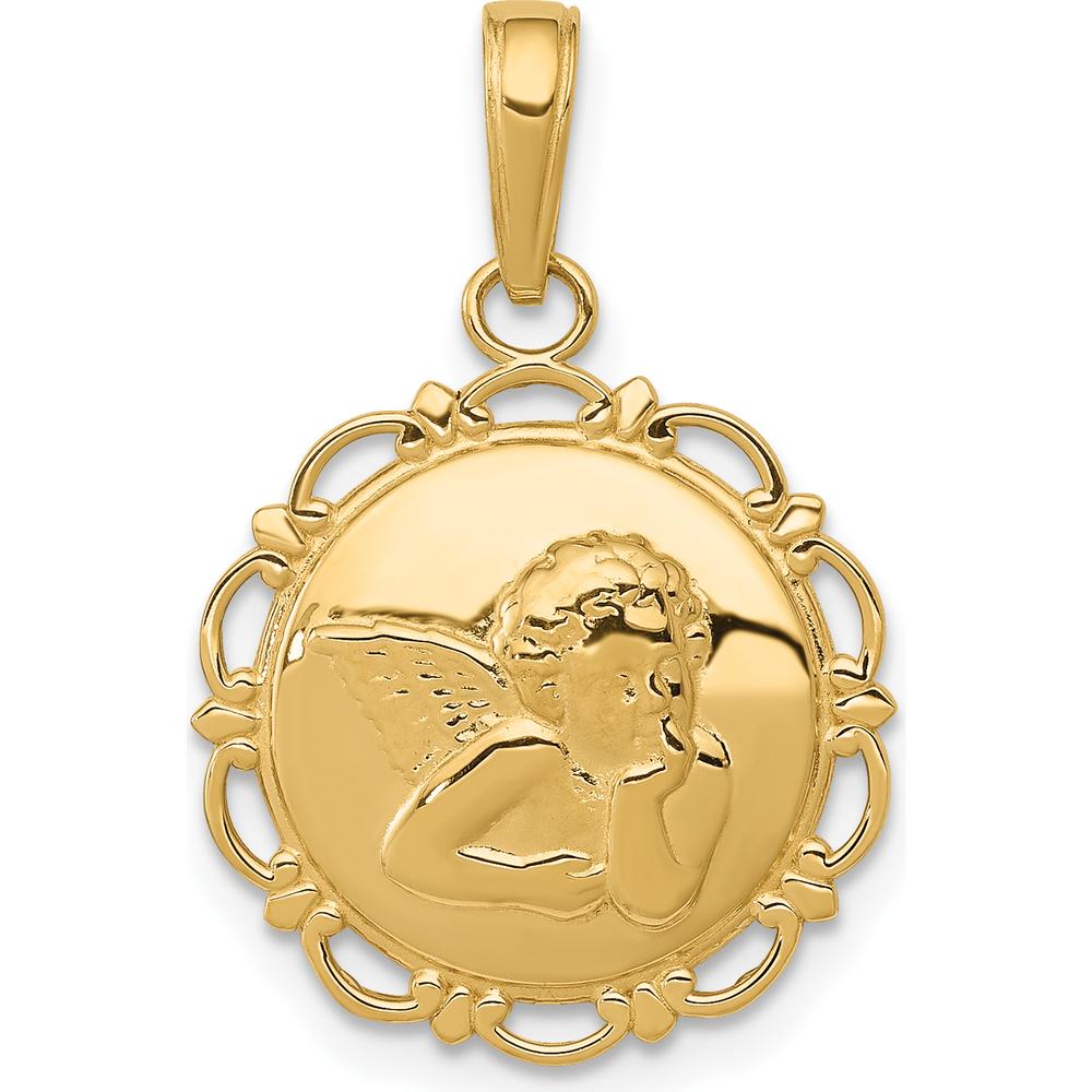 14K Yellow Gold Polished Angel on Round Scallop Frame Pendant - 23.75mm Length by Oro Pregiato