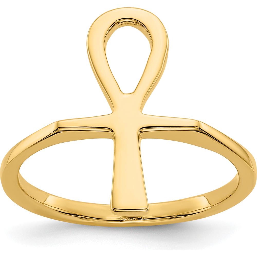 14K Yellow Gold Polished Ankh Egyptian Cross Ring, Symbolic Design, Size 4-8 by 0