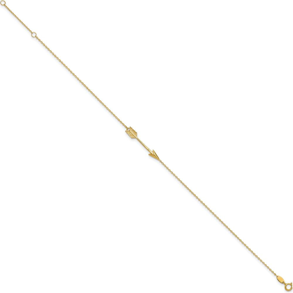 14K Yellow Gold Polished Arrow Anklet with Adjustable 9" Length and 1" Extender