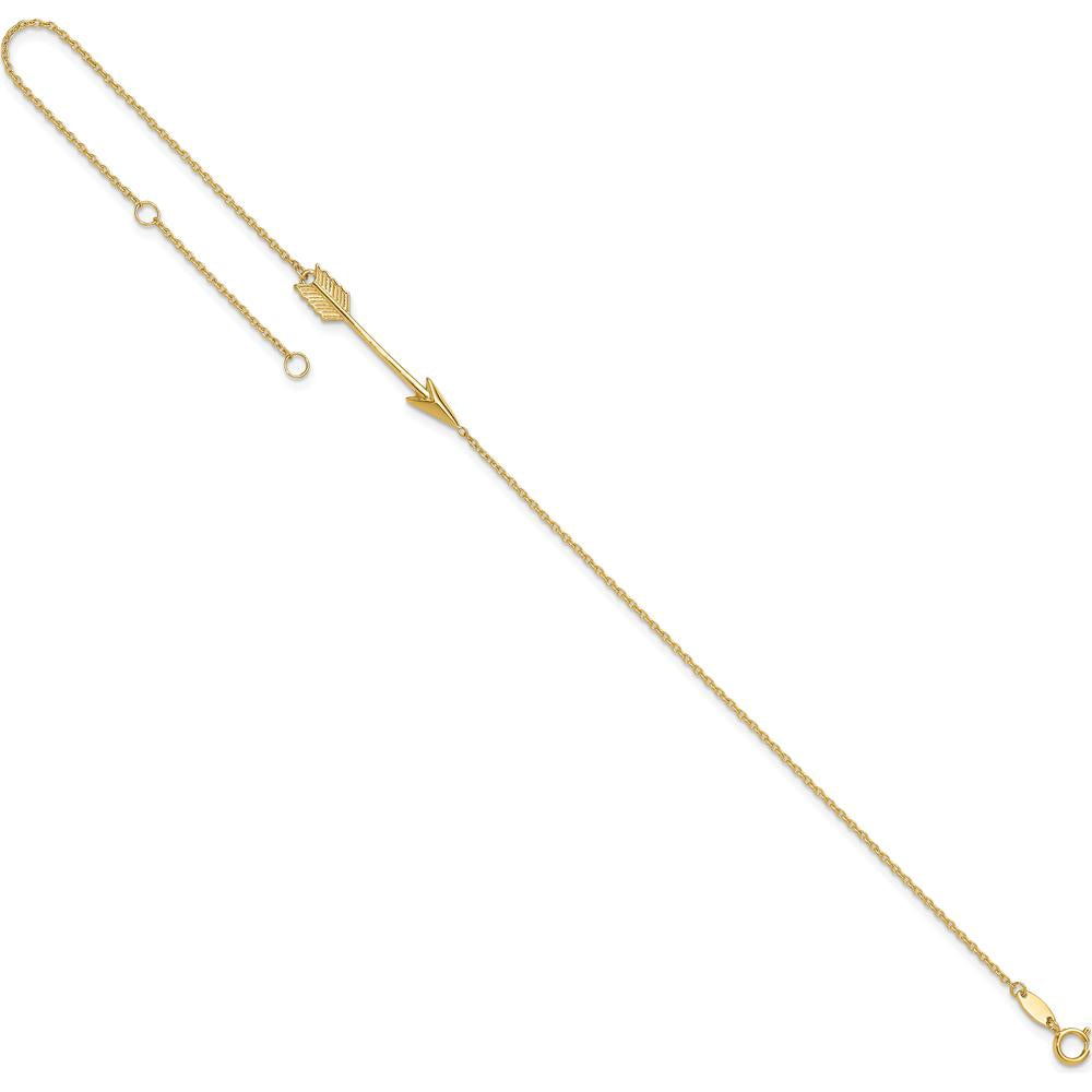 14K Yellow Gold Polished Arrow Anklet with Adjustable 9" Length and 1" Extender