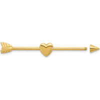 14K Yellow Gold Polished Arrow with Heart Industrial Body Jewelry - 50mm Length by Oro Pregiato