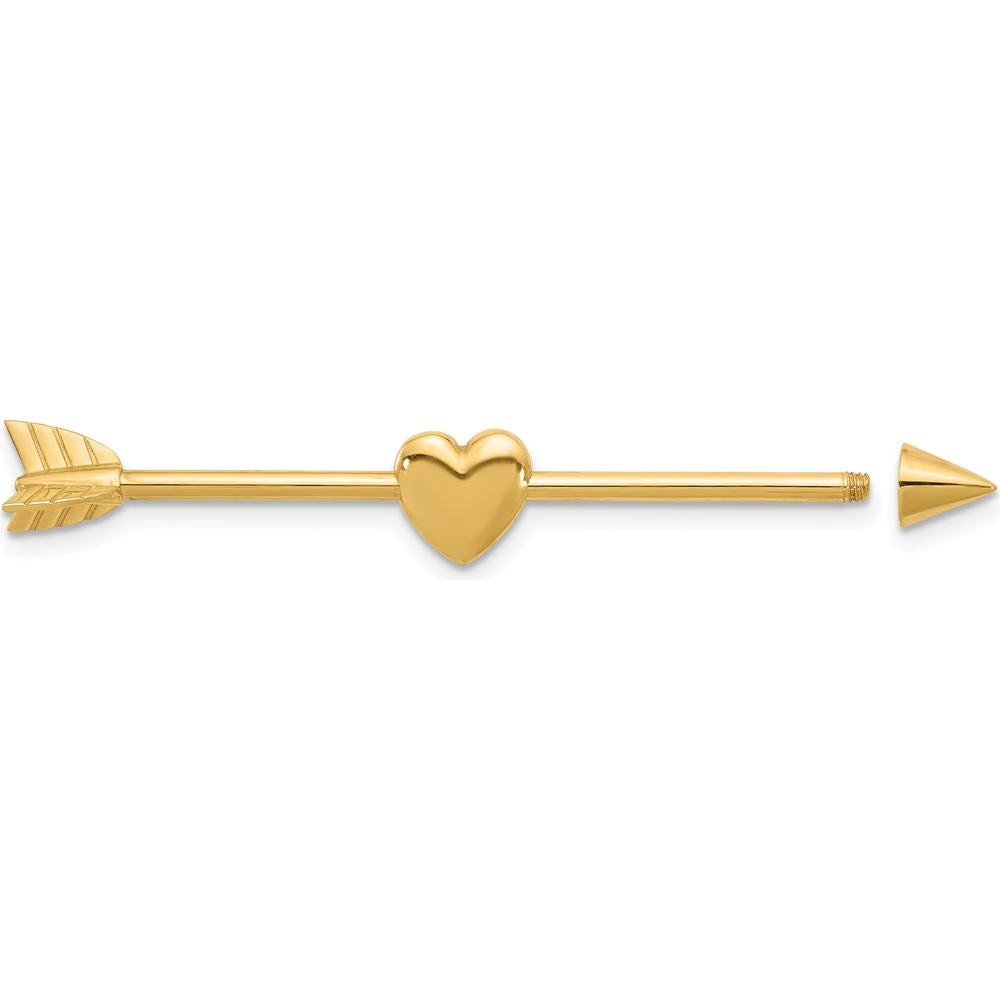 14K Yellow Gold Polished Arrow with Heart Industrial Body Jewelry - 50mm Length by Oro Pregiato