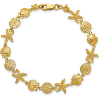 14K Yellow Gold Polished Assorted Sea Shell Theme Bracelet - 7.5" Length, Textured Design by Oro Pregiato