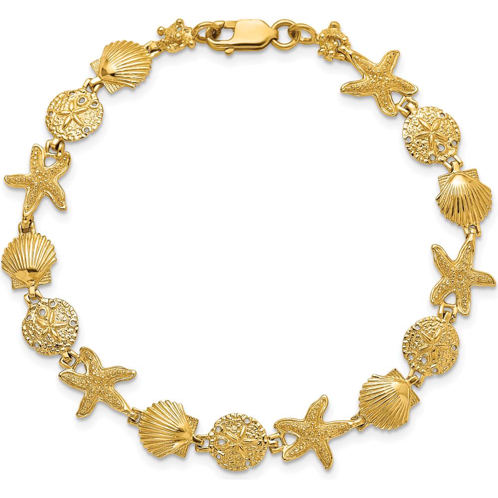 14K Yellow Gold Polished Assorted Sea Shell Theme Bracelet - 7.5" Length, Textured Design by Oro Pregiato