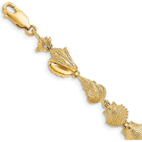 14K Yellow Gold Polished Assorted Sea Shells 7.25" Bracelet with Textured Gold Stations by Oro Pregiato