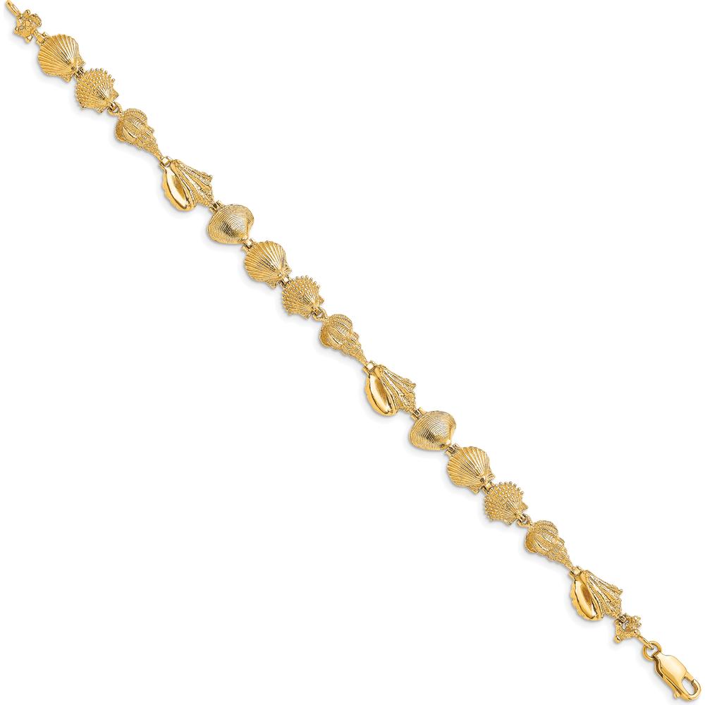 14K Yellow Gold Polished Assorted Sea Shells 7.25" Bracelet with Textured Gold Stations by Oro Pregiato