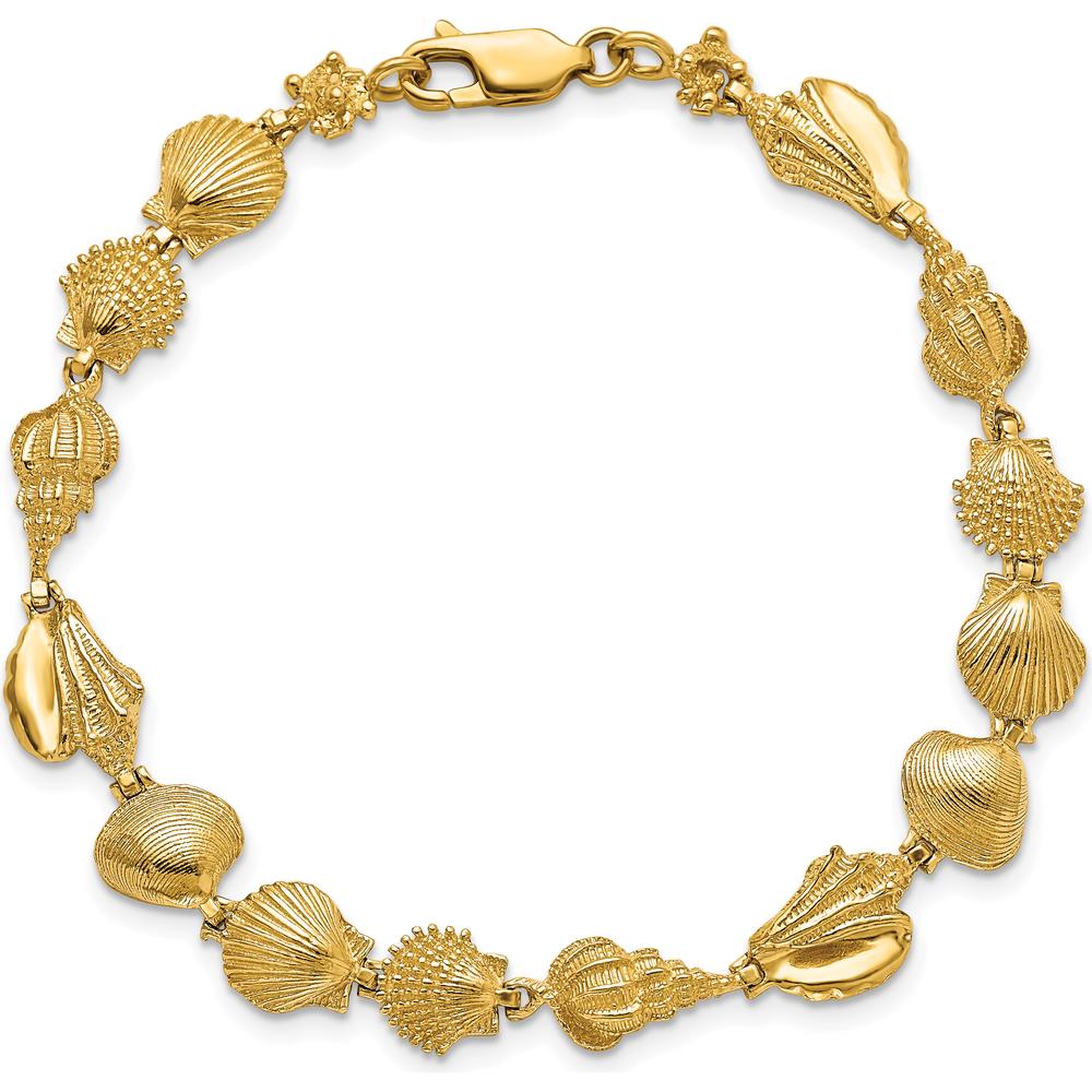 14K Yellow Gold Polished Assorted Sea Shells 7.25" Bracelet with Textured Gold Stations by Oro Pregiato