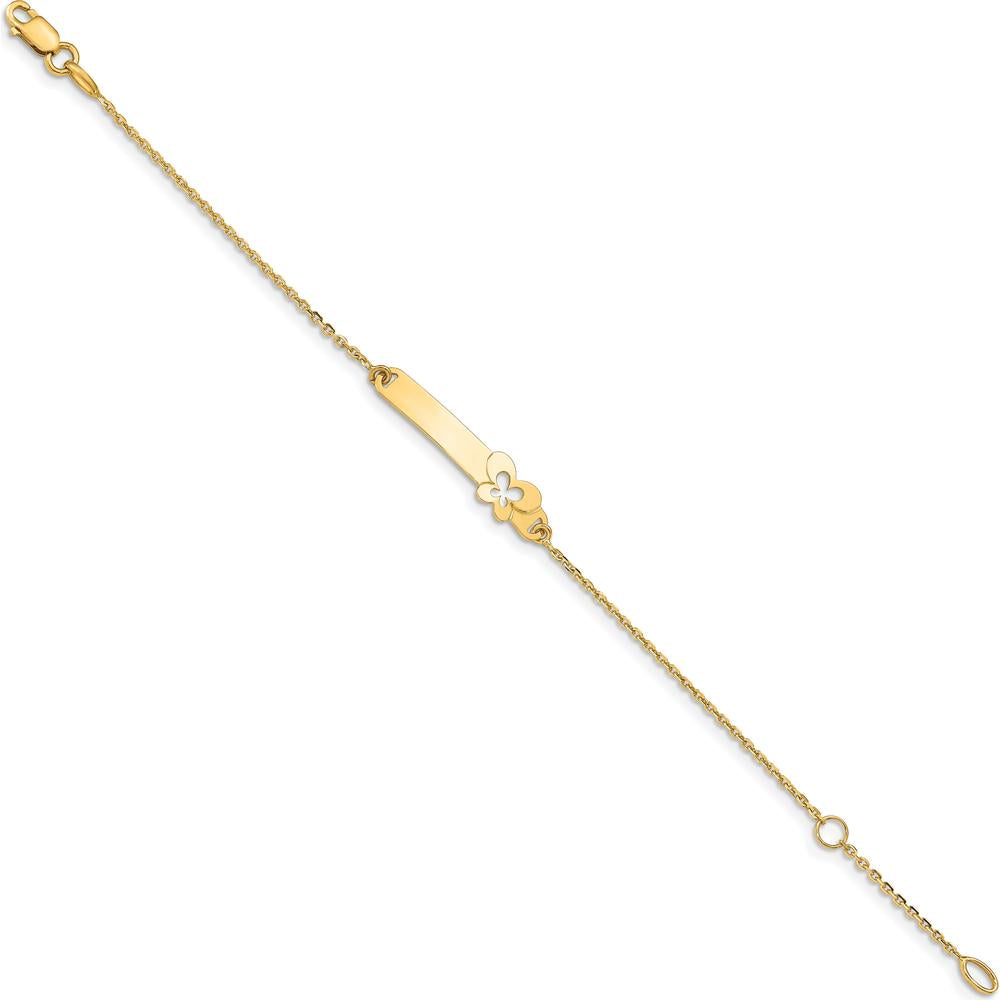 14K Yellow Gold Polished Baby/Child Butterfly ID Bracelet with Engravable Plate - 5.5" Length with 1" Extender by Oro Pregiato