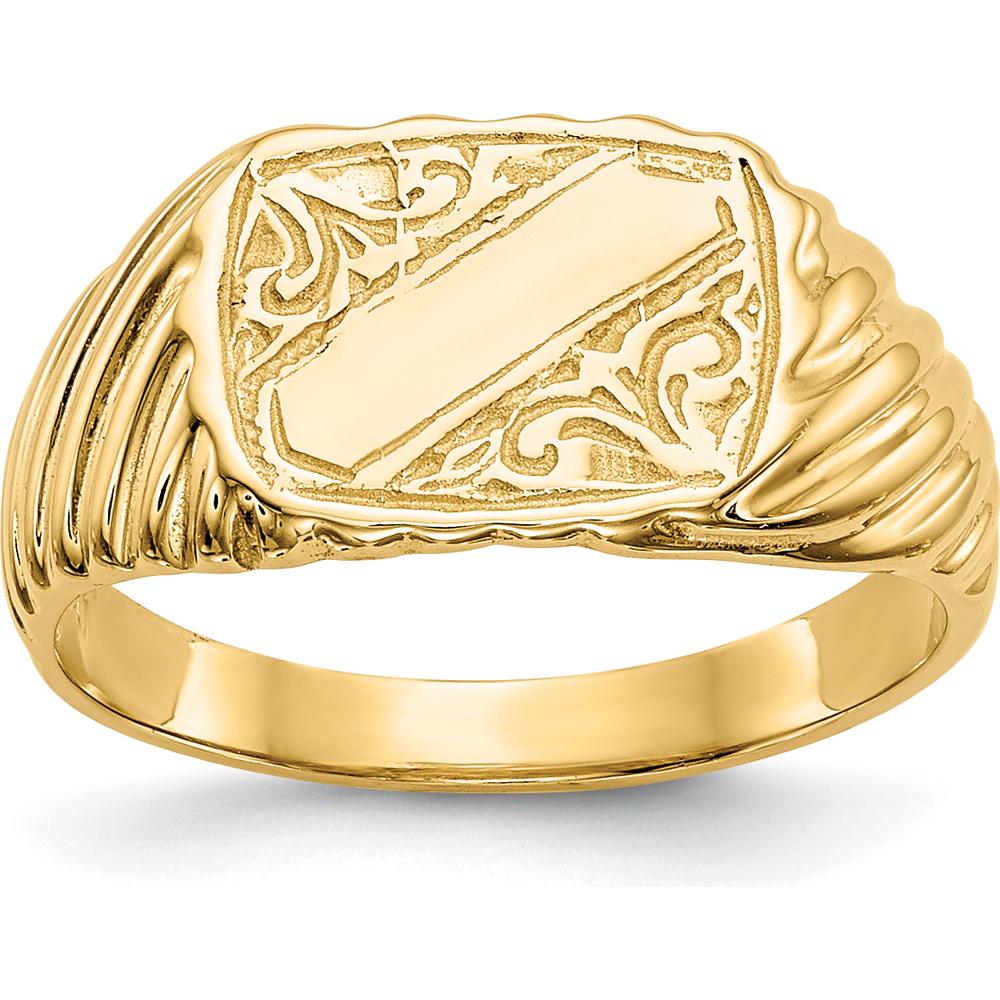 14K Yellow Gold Polished Baby Rectangle Signet Ring with Stripes Design by Oro Pregiato
