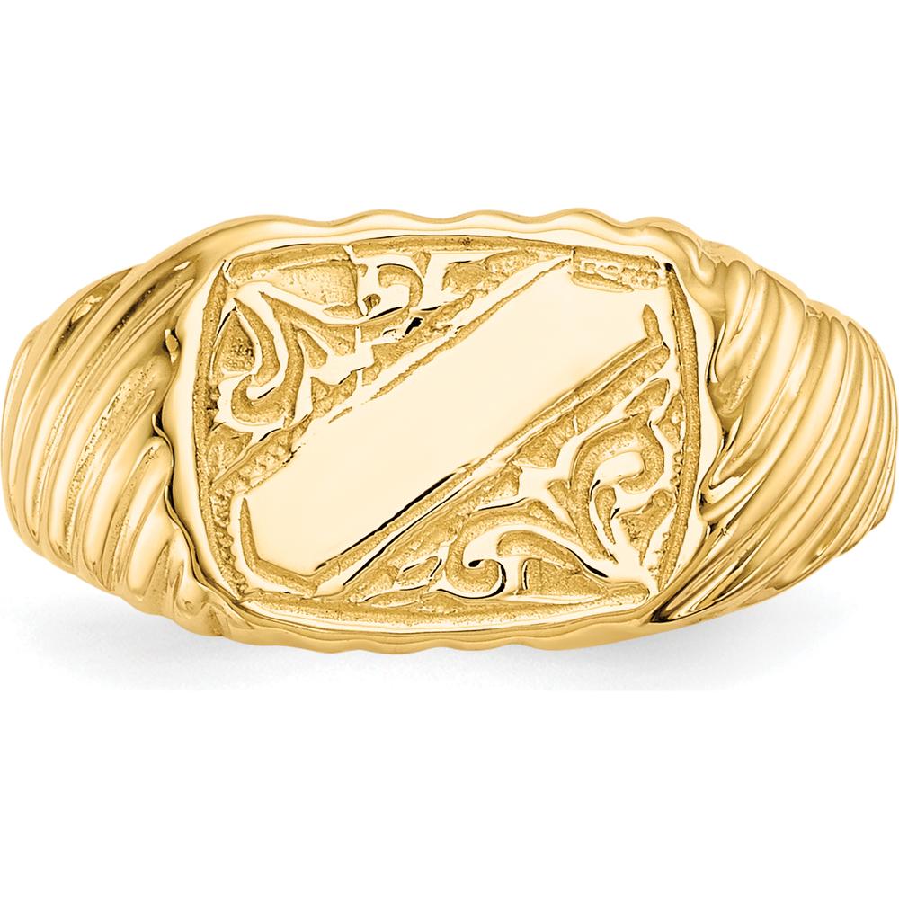 14K Yellow Gold Polished Baby Rectangle Signet Ring with Stripes Design by Oro Pregiato