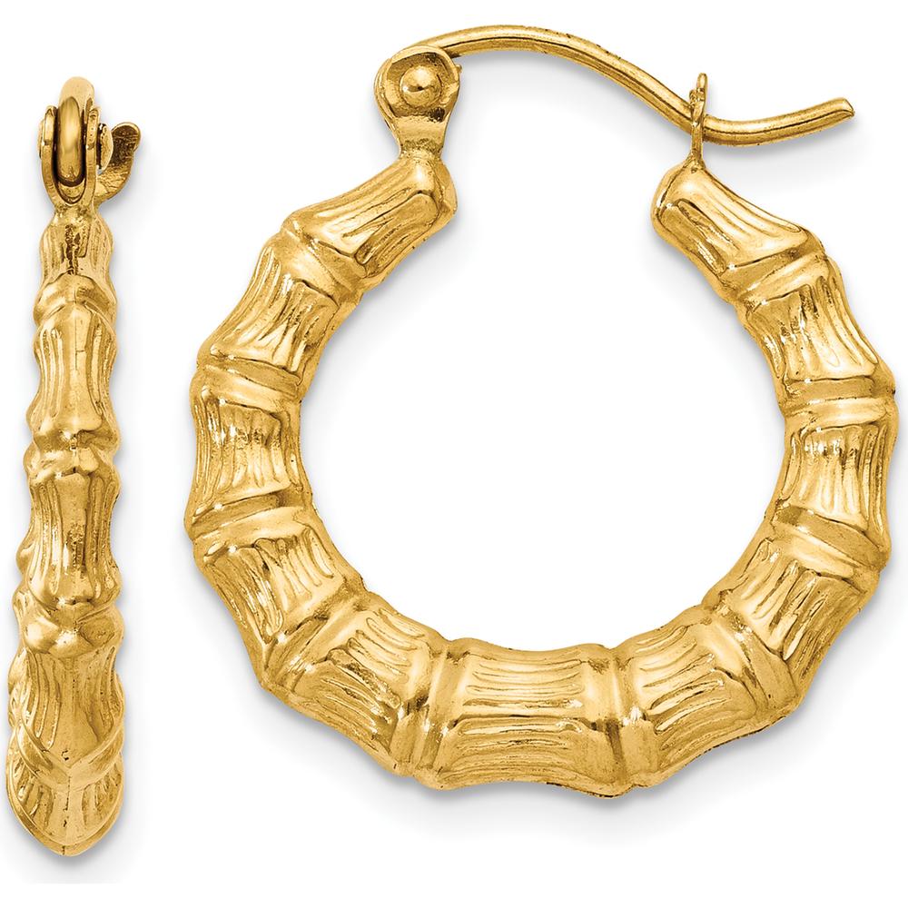 14K Yellow Gold Polished Bamboo Design Hollow Hoop Earrings - 13mm Length by 0