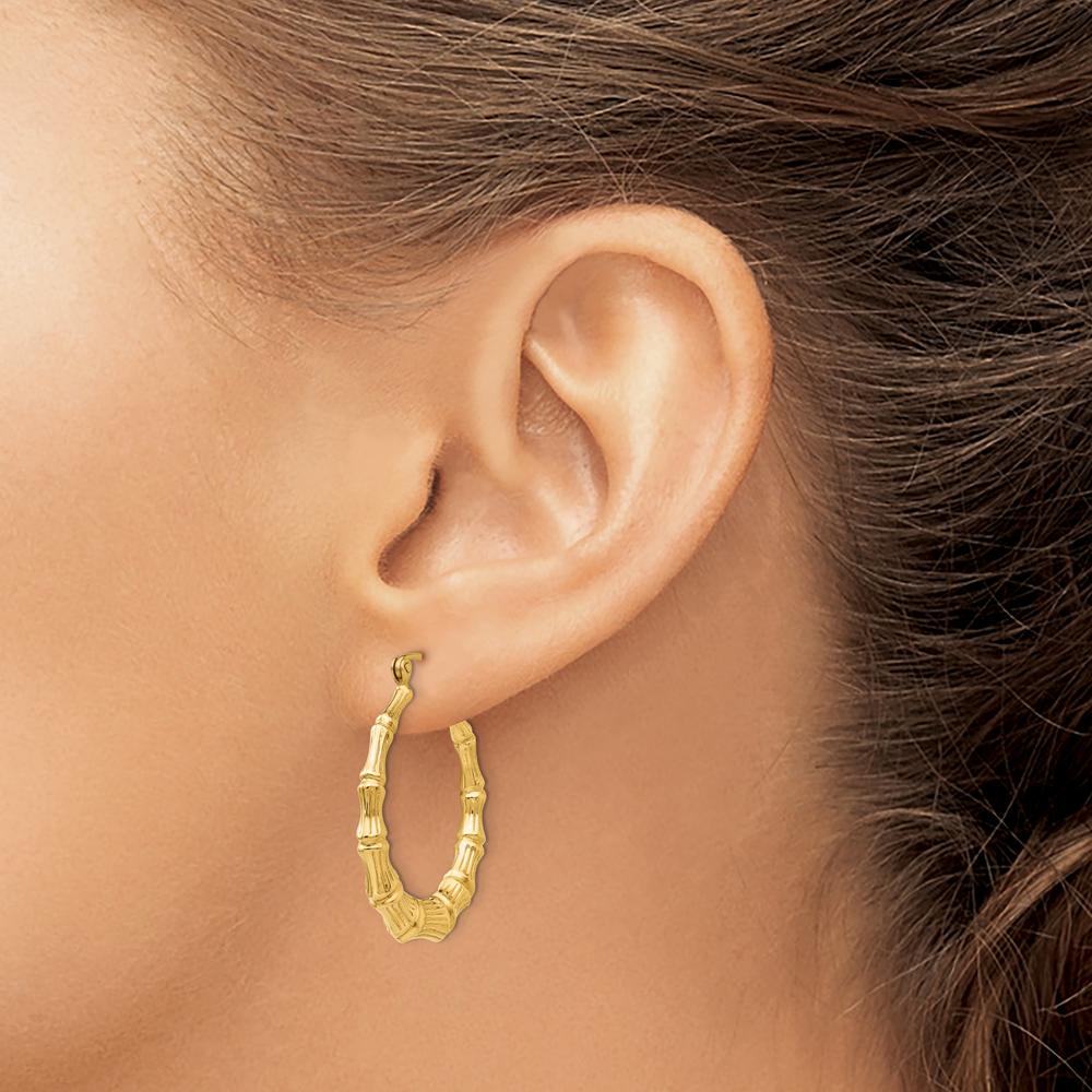 14K Yellow Gold Polished Bamboo Hoop Earrings - 20mm Length by 0
