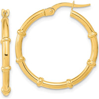 14K Yellow Gold Polished Bamboo Hoop Earrings - 25.1mm Length by 0
