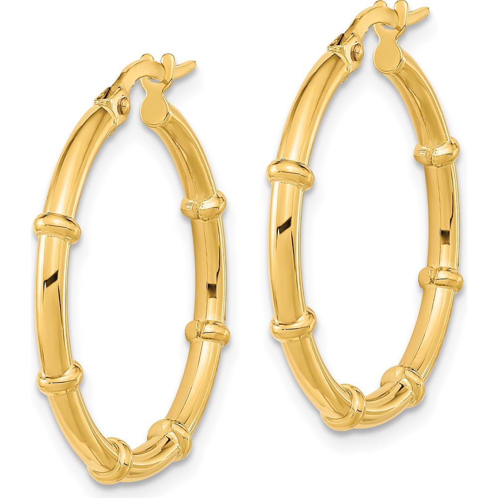 14K Yellow Gold Polished Bamboo Hoop Earrings - 25.1mm Length by 0