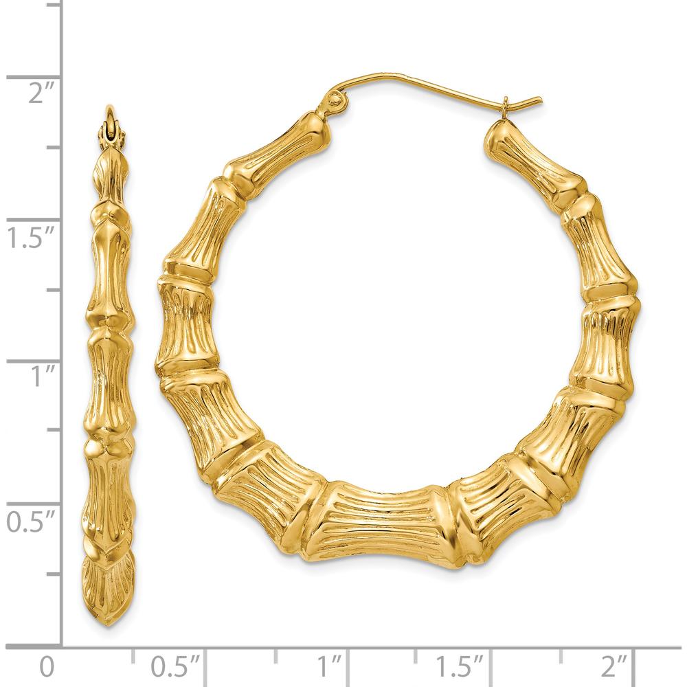 14K Yellow Gold Polished Bamboo Hoop Earrings - 33mm Length, 8mm Width by 0