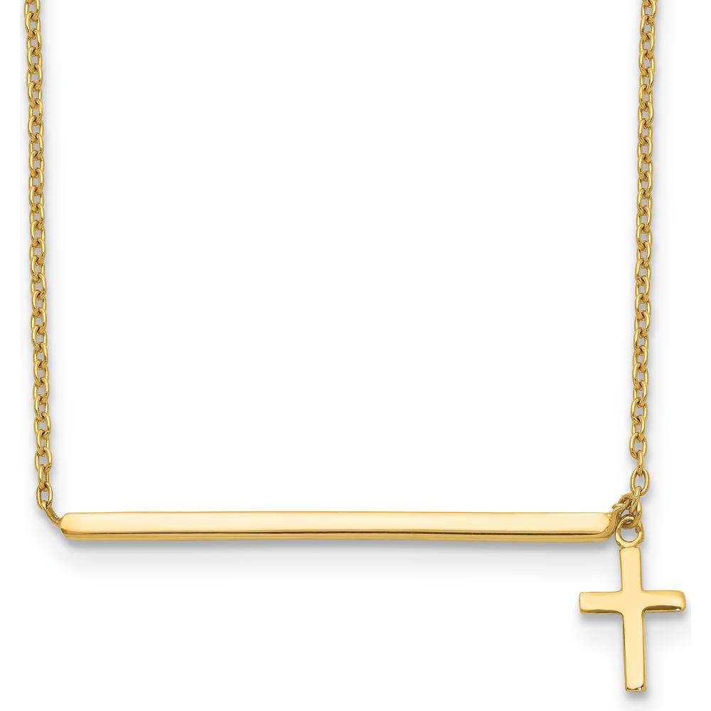14K Yellow Gold Polished Bar Choker Necklace with Dangle Cross Pendant - 15" Length by 0