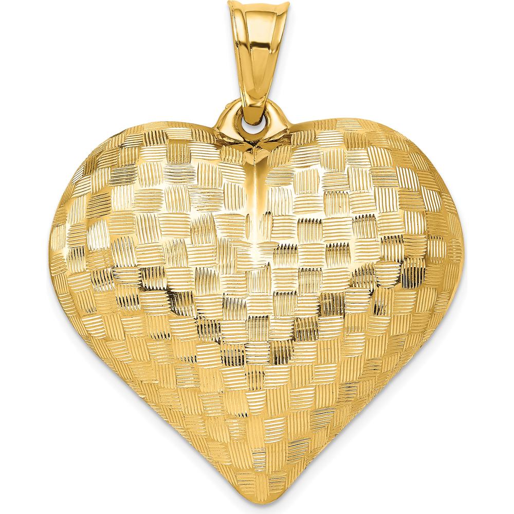 14K Yellow Gold Polished Basket Weave 3D Puffed Heart Pendant - 35mm by Oro Pregiato
