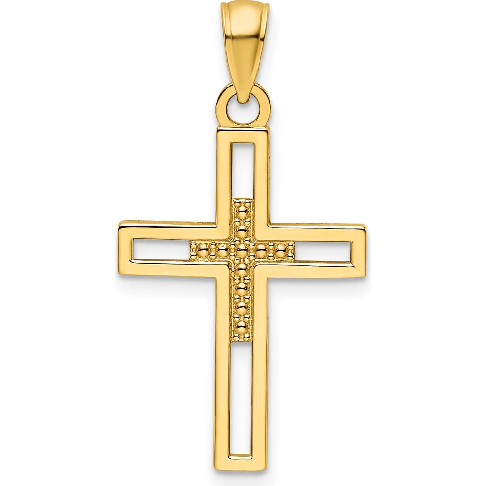 14K Yellow Gold Polished Beaded Cross Pendant - 33mm Length by Oro Pregiato